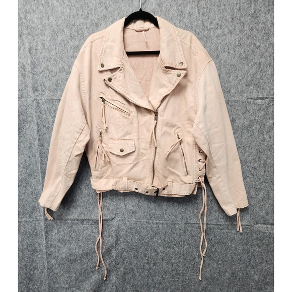 Free People Pink Denim Moto Oversized Jacket Womens Medium Lace Up Sides Zip Up - Picture 3 of 9